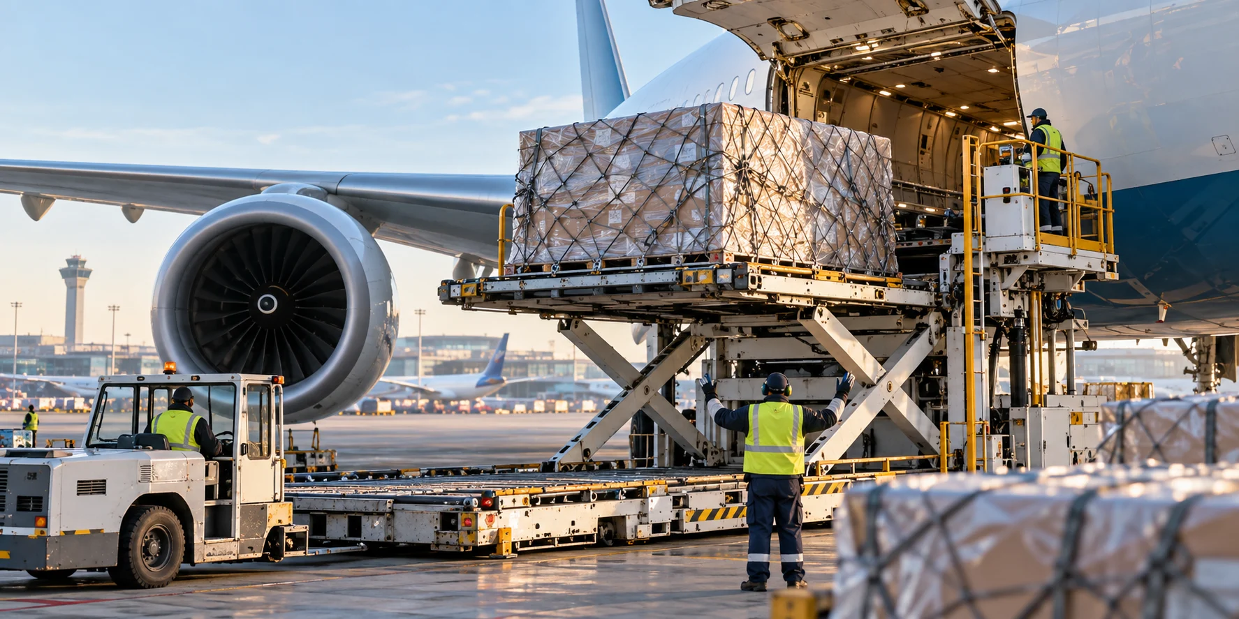 Palletized air cargo being loaded into an aircraft