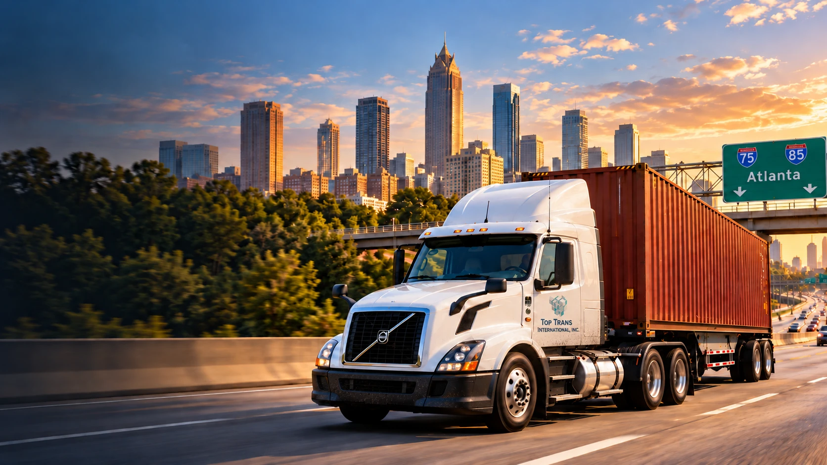 TOP TRANS container truck driving through Atlanta at sunset