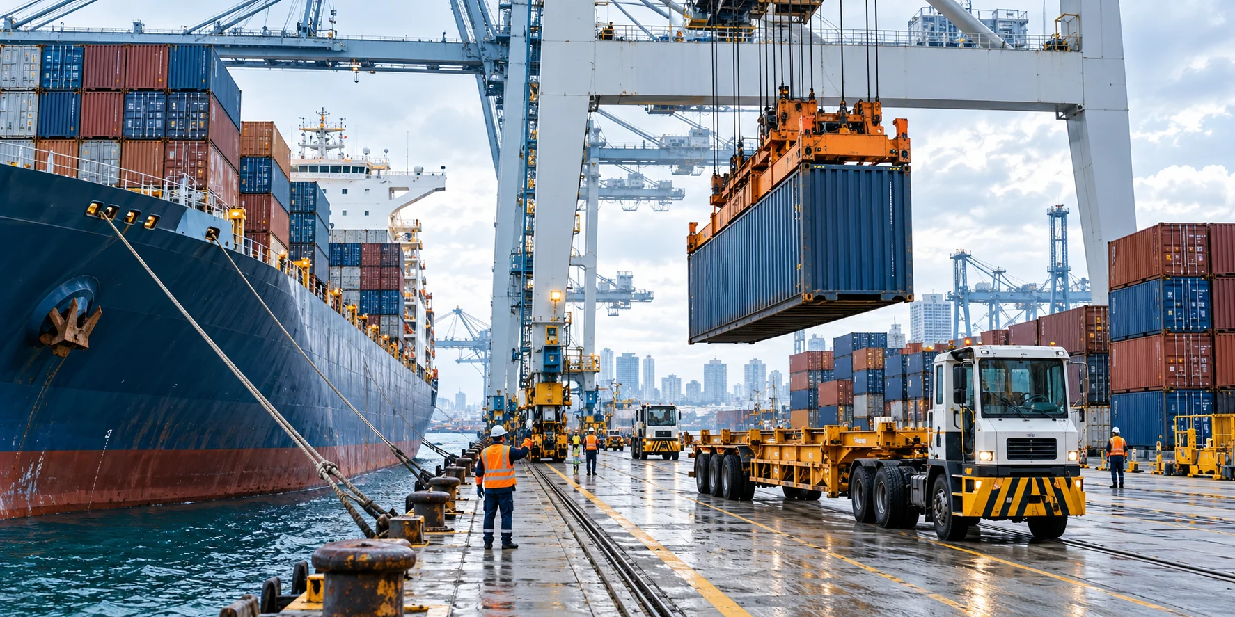 Container being unloaded from a vessel at a port