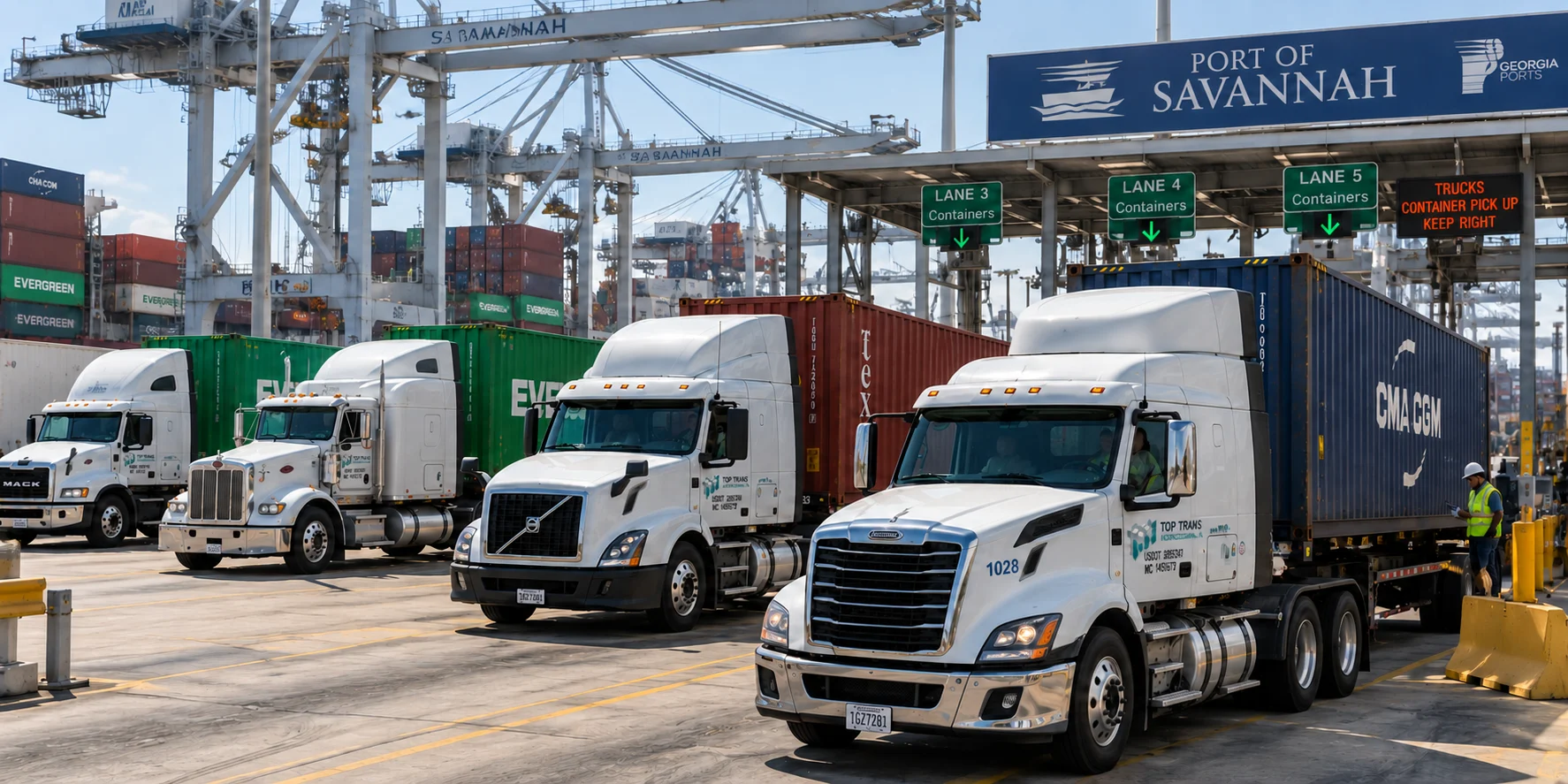 TOP TRANS branded trucks at a logistics facility